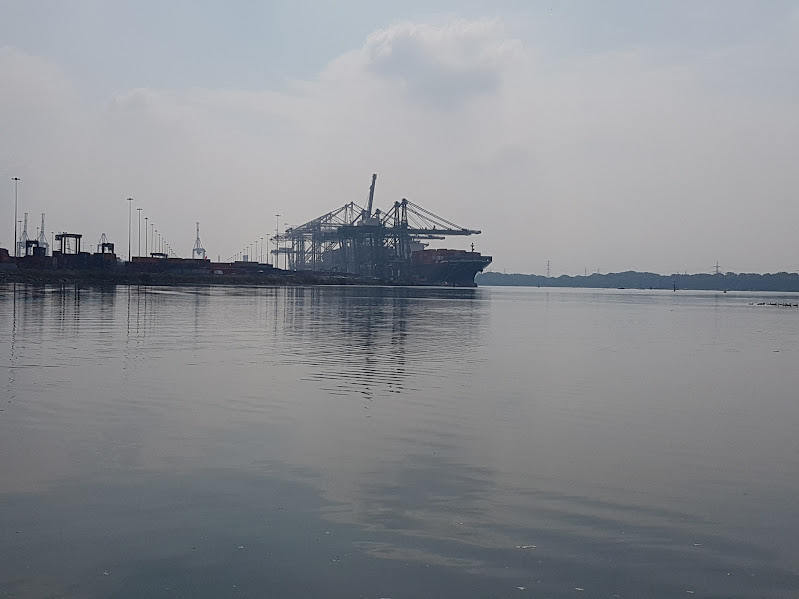 Container ship and waterfront cranes