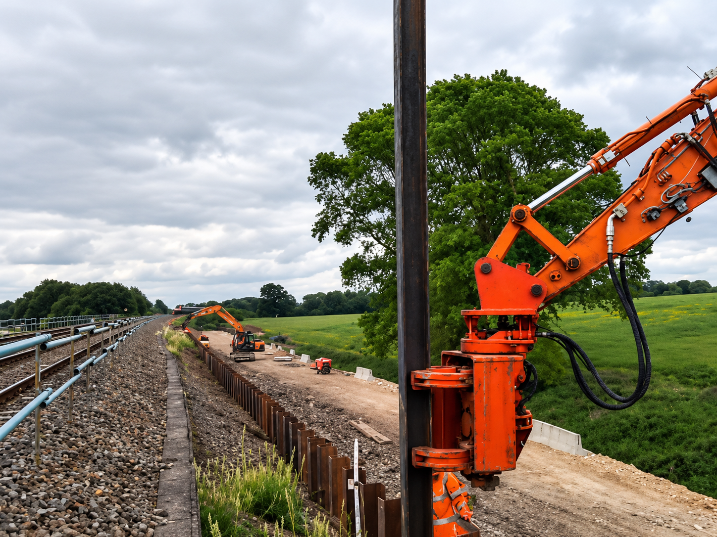 Side-grip piling hammer holding an H-beam beside the railway