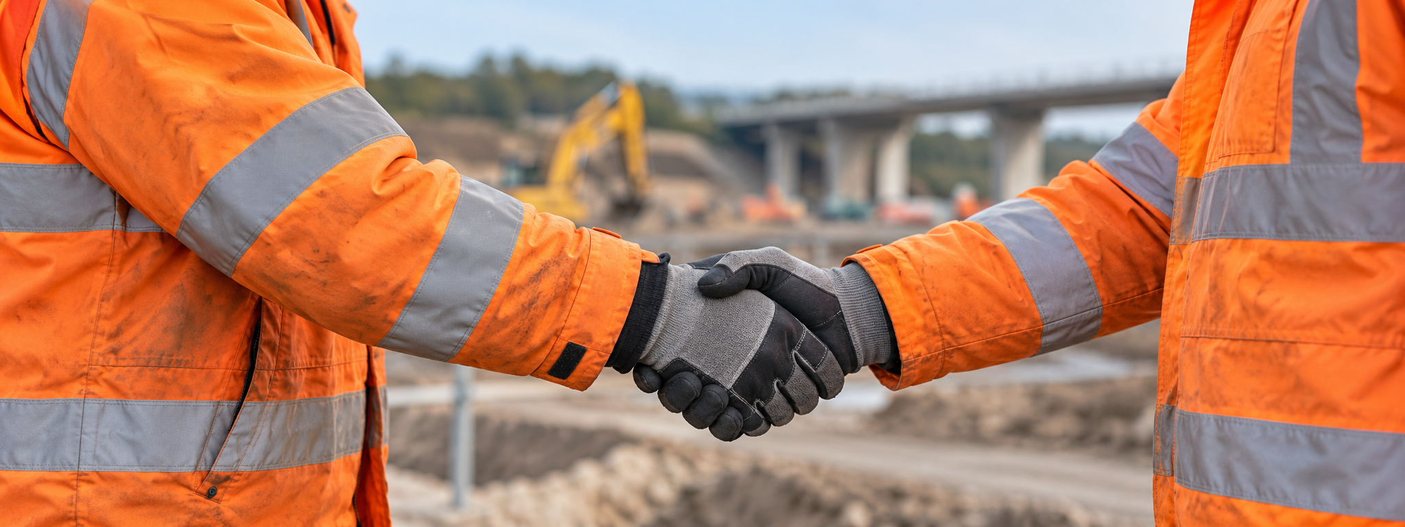 Illustrative image of two gloved hands in a handshake, representing partnership