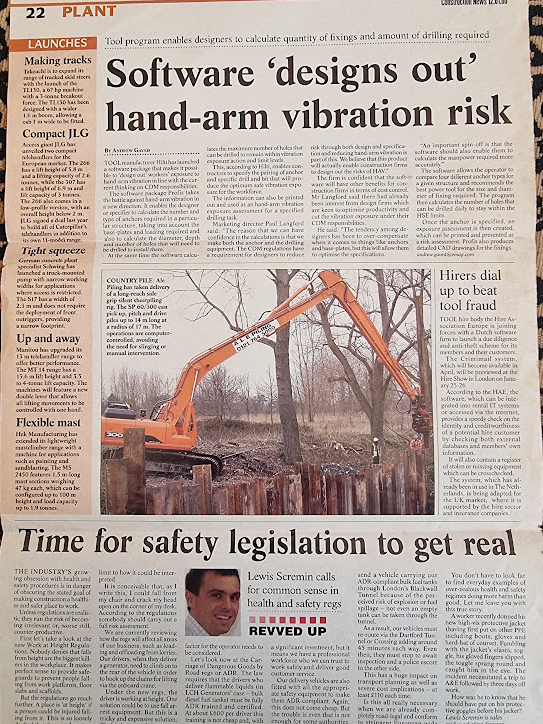Upright newspaper clipping with an excavator beside a line of sheet piles and surrounding press text